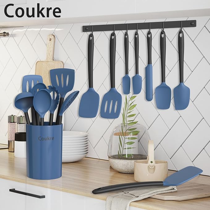 Coukre Silicone Kitchen Cooking Utensils Set, Heat Resistant, 14-Piece | Dishwasher-Safe, Food-Grade Silicone, BPA-Free, Spatulas, Spoons & Turner, Safe for Nonstick Cookware, DarkBlue