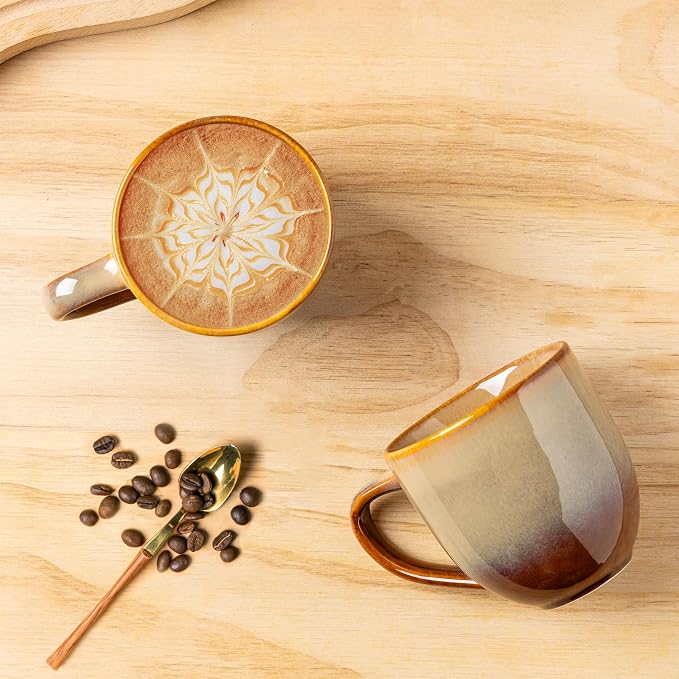 theterra Ceramic Coffee Mugs Set of 6, 12 oz Coffee Cups with Handle | Handmade, Suitable for Latte, Tea, Milk, Beer & Hot Cocoa, Creamy Amber