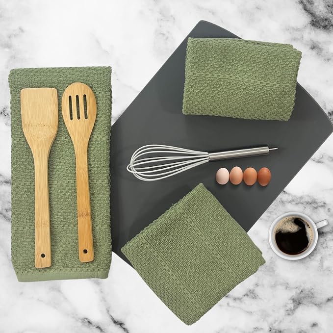 Dark Sage Green Kitchen Hand Dish Towels, Set of 3, 100% Cotton, 18" x 28" | Terry Loop Textured, Soft & Absorbent Cleaning Cloth, Quick Dry, Multipurpose for Everyday Use
