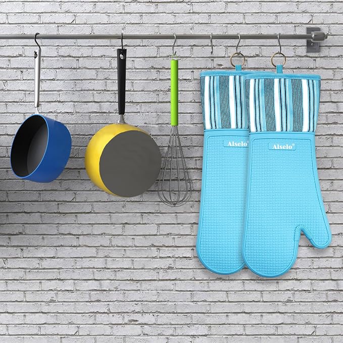 Alselo Silicone Oven Mitts Set, Heat Resistant 550 Degree,7.5"x16" | Extra Long Kitchen Mittens,Waterproof & Non-Silp Oven gloves for Baking Cooking Barbecue Microwave (Extra Long Sapphire, 2)