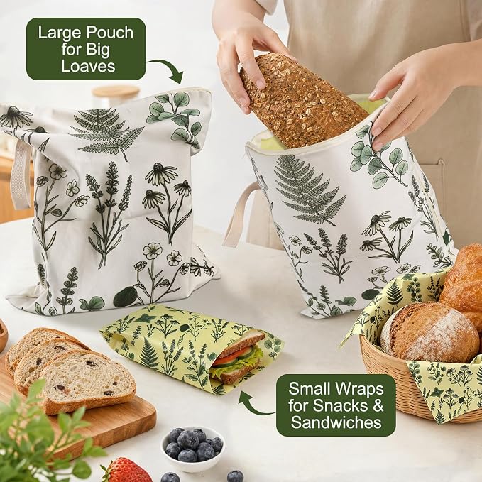 Reusable Beeswax Bread Bags & Wraps Set - 2 XL Sourdough Bags (17“x13") | Bread Bags with Wide Zipper & Handle3 Beeswax Wraps for food, Cheese, Fruit, Veggie - Breathable Bread Storage, 5 Pack