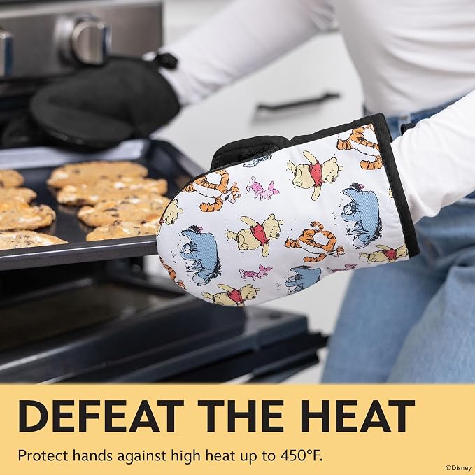 Disney Winnie the Pooh Mini Oven Mitts, 2-Pack, Heat Resistant 450F | Compact 5.5"x7.5" pot holders for kitchen, printed silicone offers non-slip grip, ambidextrous, hand wash or spot clean
