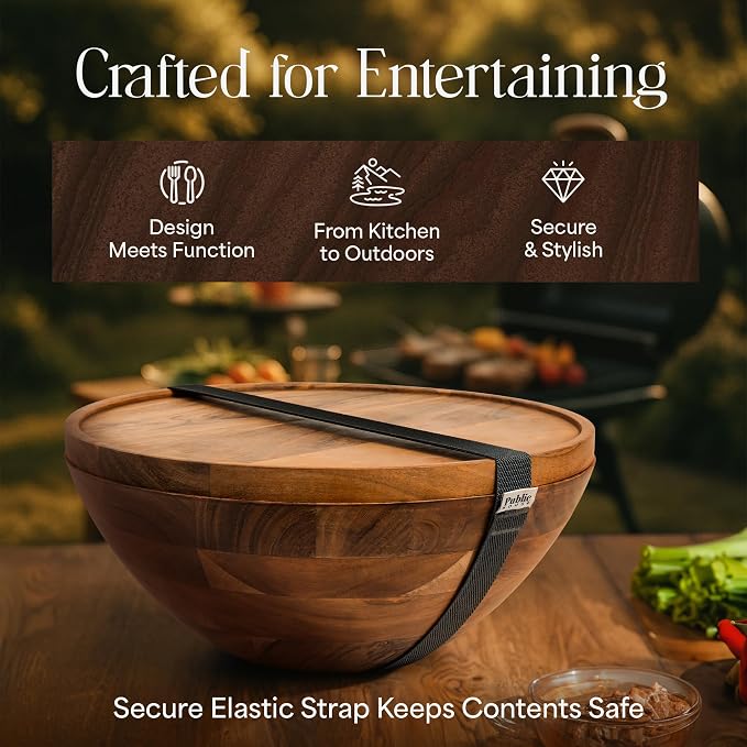 Large Wooden Salad Bowl Set 12.5 Inch with Serving Utensils, Tray Lid and Carry Strap. Acacia Wood Large Salad Bowls Ideal for Fruits and Dishes, Wooden Bowls for Food, Serving Bowl