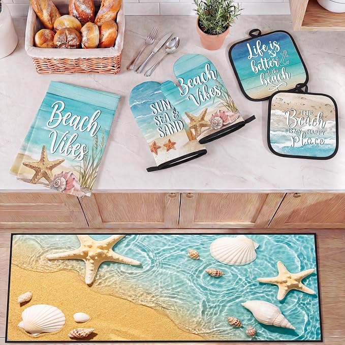 10 Pcs Kitchen Decor and Accessories Set, Beach Coastal | Ocean Summer 4 Dish Towels Kitchen Rugs 2 Oven Mitts 2 Pot Holders, Home Decor for Cooking Baking BBQ Housewarming