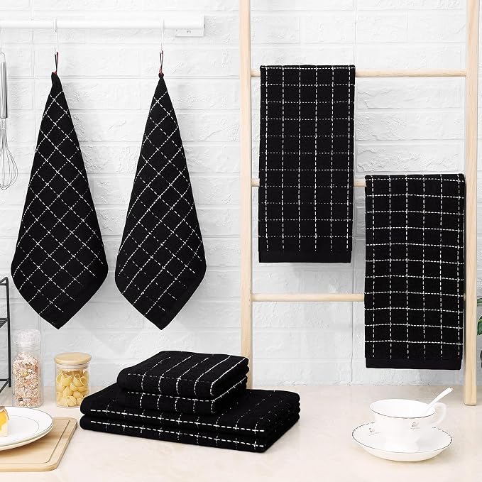 Homaxy Kitchen Towels and Dishcloths Set, Set of 12, Black | Bulk Cotton Terry Kitchen Towels, Checkered Designed, Soft and Super Absorbent Dish Towels, 12 x 12 and 13 x 28 Inches