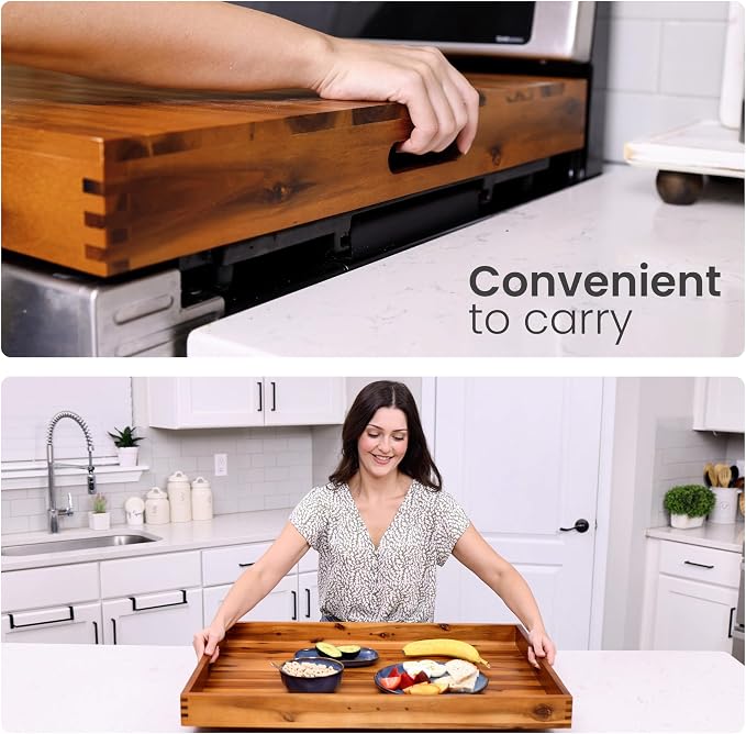 TIDITA Stove Top Covers for Electric Stove, Noodle Board, 30”x22” (Outer) | 28.9”x20.8” (Inner), Acacia Wood, Integrated Handles, Non-Skid Pads, X-Large Wooden Noodles Board stove cover, Multi-Use