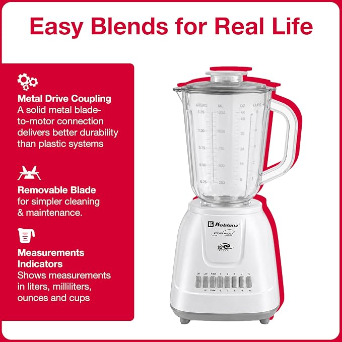 Koblenz LKM-5510 PB Countertop, Stainless Steel Blades, Plastic Jar, 42 oz | 500W Motor, 10 Speed + 2 Pulse, Stainless Steel Blades, Metal Coupling, Smoothie Blender, Blender for Kitchen, White, Durable