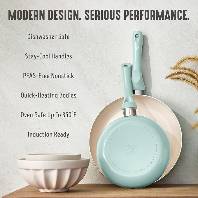 GreenLife 2 Piece (8" & 10") Ceramic Nonstick Skillet Set, Mint Green | PFAS-Free Nonstick Coating, Frying Pans, Omelet Pans, Everyday Pan, Induction Ready, All Stovetop Compatible, Dishwasher Safe