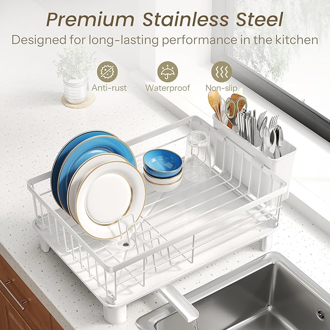 SNTD Dish Drying Rack for Small Kitchen Counter, 11" W x 15" L, White | Space Saving, Rotating Spout & Angled Drainboard for Quick Drainage, Stainless Steel, Removable Utensil Holder