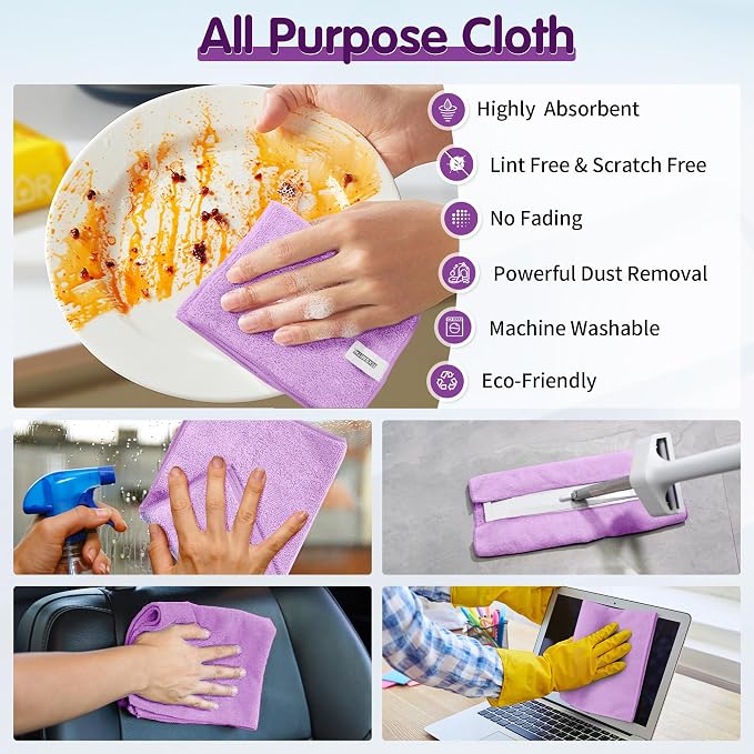 Purple Microfiber Cleaning Cloth -Pack of 8, Highly Absorbent Cleaning Rags, 16"X12" All Purpose Cleaning Towels for Housekeeping, Kitchen, Car, Lint Free and Reusable Microfiber Towels