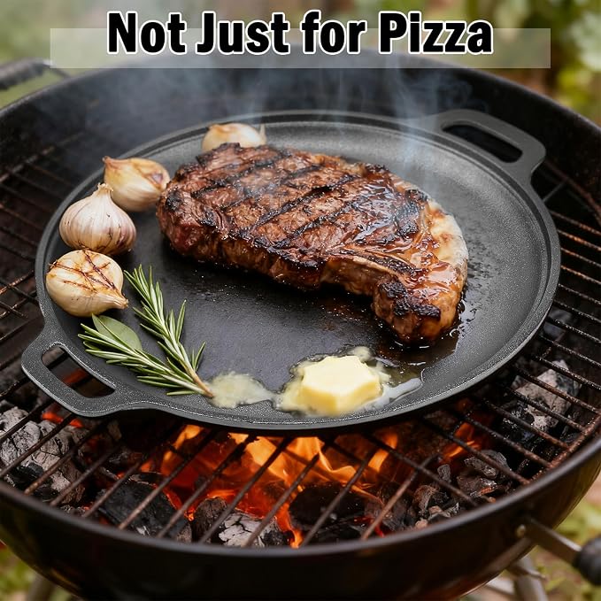 13.8 Inch Cast Iron Pizza Pan - Round Comal for Even Heating - Works on Oven, Grill & Campfire, Heavy-Duty Cast Iron Pizza Stone with Dual Handles