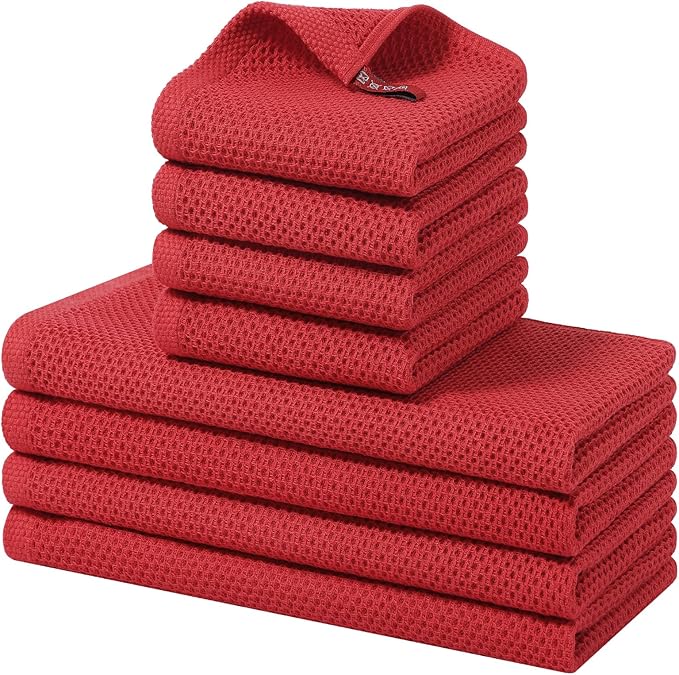 Homaxy 8 Pack 100% Cotton Kitchen Towels and Dishcloths Set, Red | 12 x 12 Inches and 13 x 28 Inches Kitchen Towels Set, Ultra Soft Absorbent Dish Cloths for Washing Dishes
