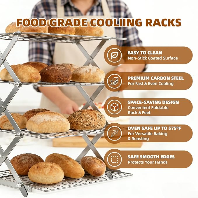 3 Tier Collapsible Cooling Rack Sourdough Cooling Rack 17"x10" | Cooling Racks for Cooking and Baking, Roasting, Grilling, Adjustable 6 Setting Design stackable, Oven & Dishwasher Safe