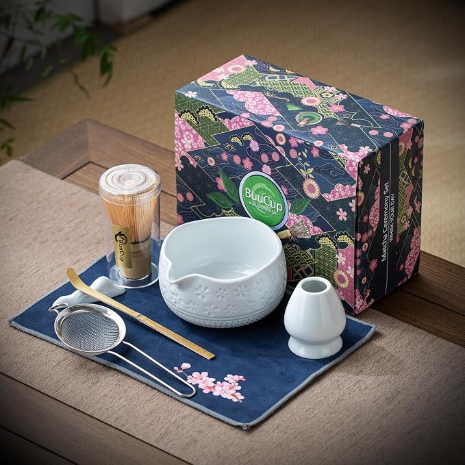 Buucup Matcha Whisk Set, Ceramic Kit with Bowl & Bamboo Accessories | 7-piece set includes ceramic bowl, bamboo whisk, scoop, holder, rest, sifter and tea towel. Great for beginners and gifts.
