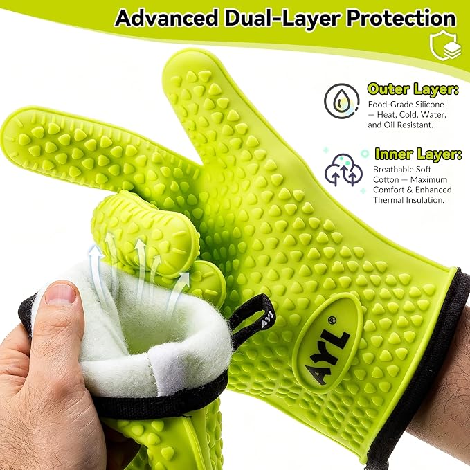 AYL Silicone Smoker Oven Gloves - Extreme Heat Resistant BBQ Gloves - Handle Hot Food on Your Grill, Pit & Turkey Fryer | Waterproof Meat Handling Mitts with Cotton Layer | Ultimate Set + Bonuses