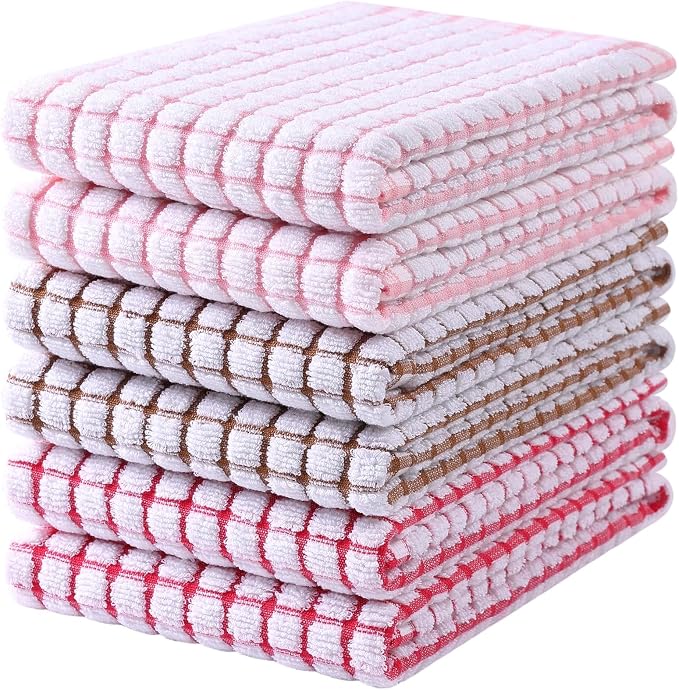 Mordimy Cotton 6 Pack Terry Kitchen Towels, 16 x 25 Inches | Super Soft and Absorbent Dish Towels, Quick Drying Hand Towels for Kitchen Drying, Pink/Red/Brown