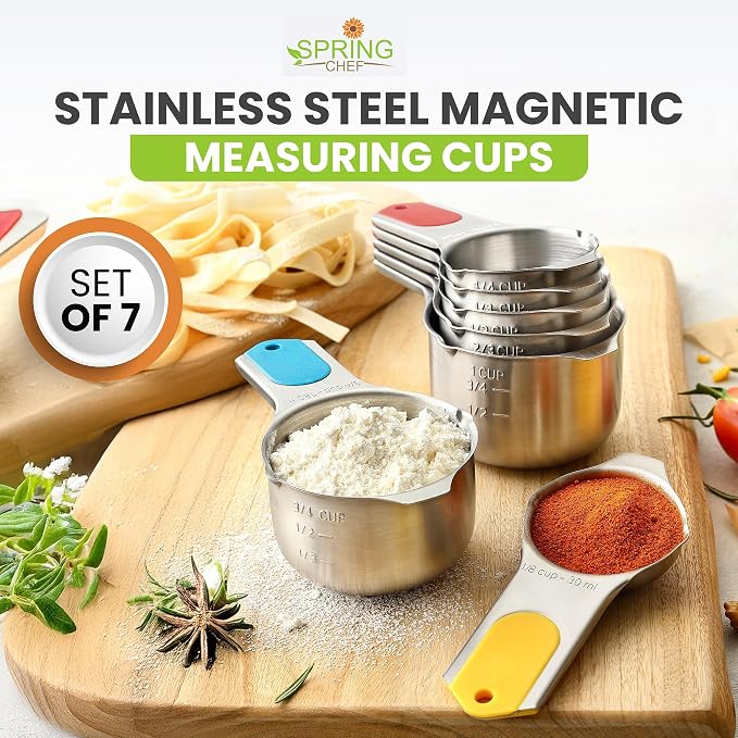 Spring Chef Magnetic Stainless Steel Measuring Cups Set of 7, Multicolor | Patented Metal Measuring Cups for Measuring Dry or Liquid Ingredients, Easy to Read Markings, Dishwasher Safe Magnetic Cups