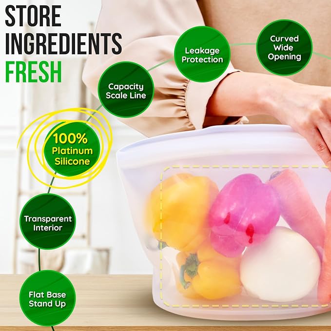 Reusable Silicone Food Storage Bags, 3-Pack Variety Set (2, 3.5, 6 Cups), Made in Korea BPA-Free Silicone, Triple-Airtight Freezer Bags, Microwave Safe, Sous Vide, Zip Lock Pouch, Dry Rose