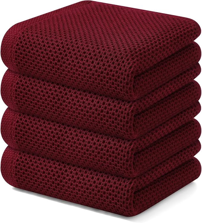 Kitinjoy 100% Cotton Waffle 4-Pack Kitchen Towels, 13" x 28", Burgundy | Super Soft, Ultra-Absorbent, Fast Drying, lightweight, Quick Drying Kitchen Hand Towels