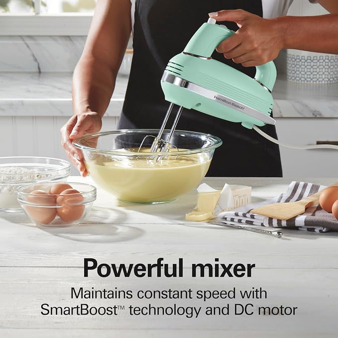 Hamilton Beach Retro 5-Speed Electric Hand Mixer With SmartBoost Technology | Powerful 1.3 AMP DC Motor for Effortless Mixing | Slow Start | Beaters & Whisk | Snap-On Storage Case | Green | 62601N