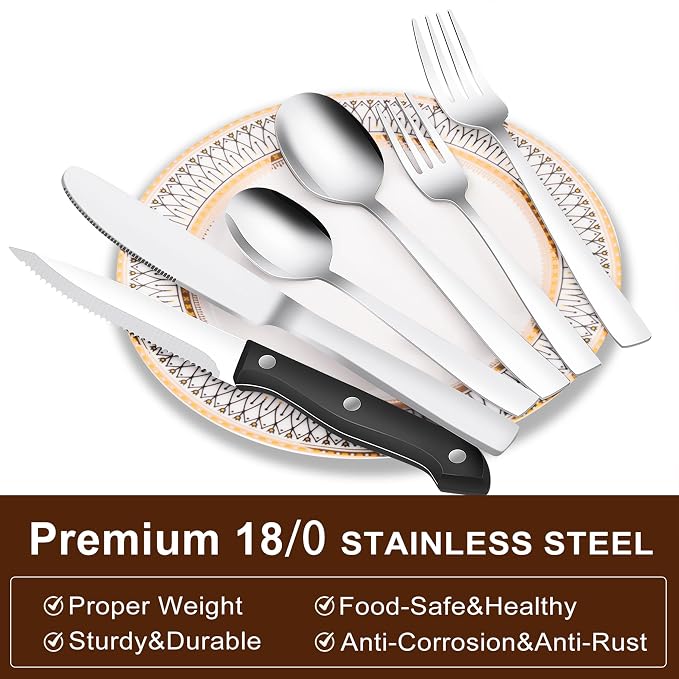 24-Piece Silverware Set Flatware Set for 4, Mirror Polished Stainless Steel with Steak Knives - Dishwasher Safe Kitchen Utensil sets for Home, Wedding, Restaurant