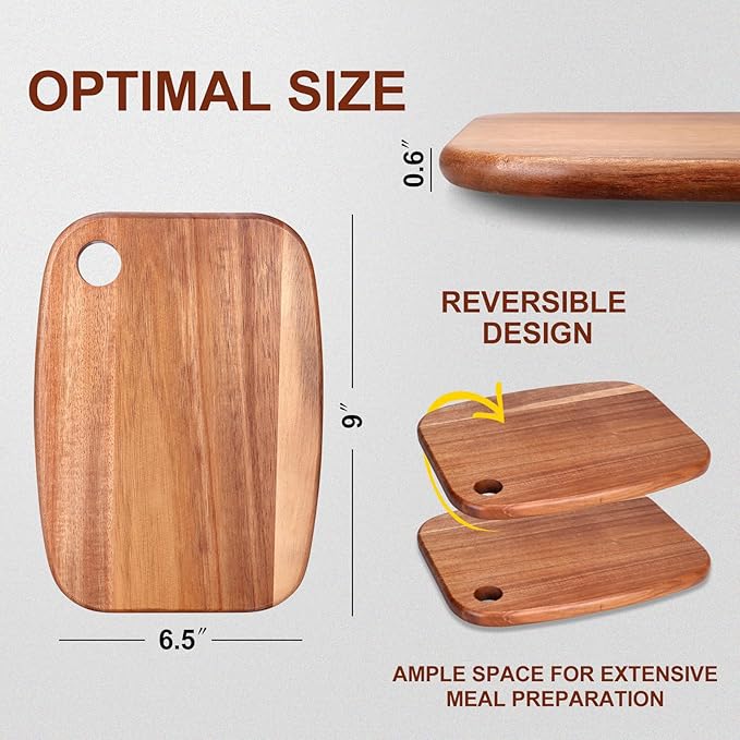 Small Acacia Wood Cutting Boards for Kitchen with Hanging | Mini Wooden Cutting Board for Vegetables, Fruit, Bread, Meat - BPA Free, 9" x 6.5"