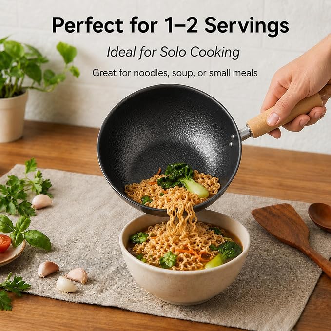 Small Carbon Steel Wok with Lid, 7-Inch 1.5QT Flat Bottom Pan | Uncoated mini wok for ramen, soup and eggs; induction-ready flat bottom design sized for 1-2 servings and everyday meal prep.