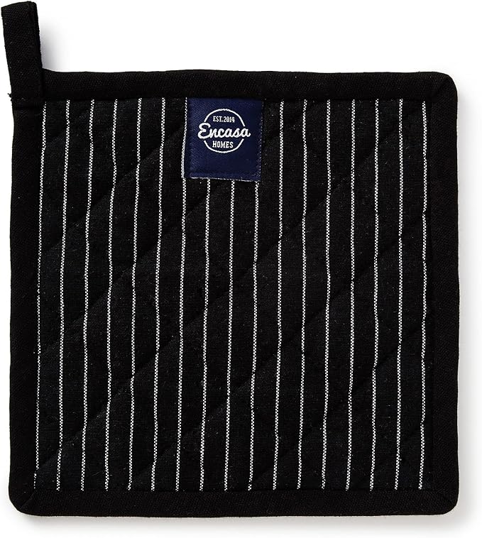 Encasa XO Pot Holders, Quilted Kitchen Hot Pads 8"x8" Butcher Stripes Black | 100% Eco-Friendly Cotton | Thick Cotton Padding Insulation | Convenient Hanging Loop | Set of 2