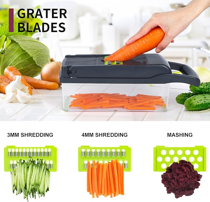 Vegetable Chopper Mandoline Slicer,Veggie Chopper, Multifunctional 10 in 1 Food Choppers, Kitchen Vegetable Slicer Dicer Cutter,Onion Mincer,Cheese,Colander Basket,Kitchen Gadgets (Gray/Green)