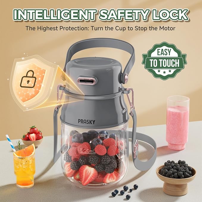 Portable Blender, 27oz Personal Blender for Smoothies & Protein Shakes with 70W Motor & Smart Lock, USB-C Rechargeable, BPA-Free for Travel/Office/Home/Gym Drink Mixer with Strap, Prasky (Light Gray) | Personal Size Blender for Smoothies, USB-C Recharg...