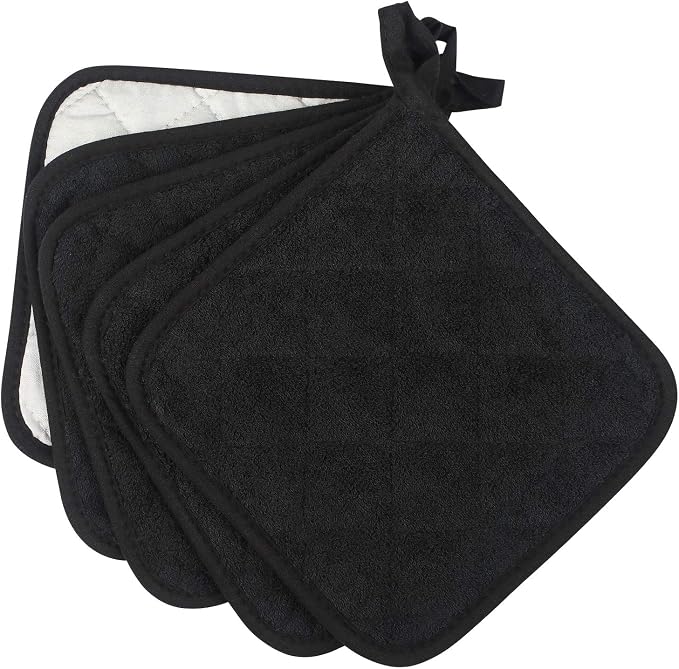 Pot Holders for Kitchen, 100% Cotton Terry Pot Holder Set of 5, Heat Resistant Hot Pads for Cooking, Baking, Hot Dishes and Countertop Protection,Black