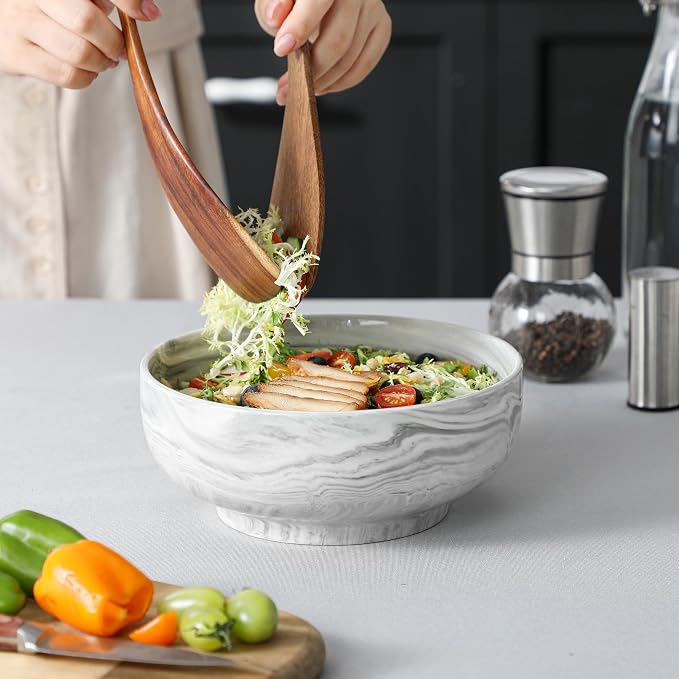 MALACASA Large Serving Bowls, 60 OZ (8") Ceramic Salad Bowls Set of 2 | Marble Grey Bowls for Kitchen, Soup, Pasta, Dinner, Porcelain Bowls Set for Entertaining, Microwave & Dishwasher Safe