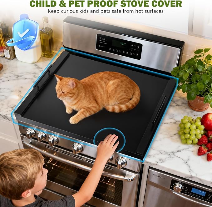 Noodle Board Stove Cover with Handles, Ultra Thick Wood Stove Top Cover Board for Electric/Gas Stove, Counter Space Top Covers Used As Sink Covers & Decorative Tray for Kitchen (Black)
