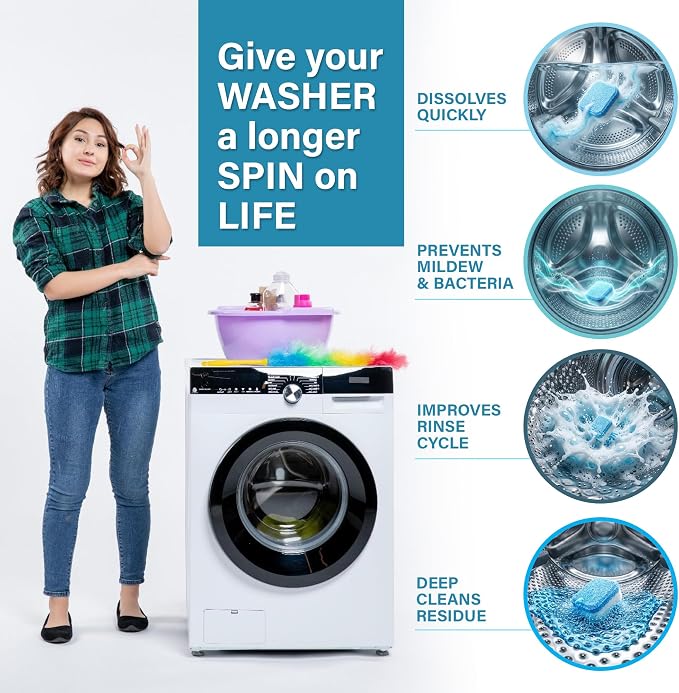 Washing Machine Cleaner Descaler 24 Pack - Deep Cleaning Tablets For Front Loader & Top Load Washer, Eco-Friendly Deodorizer, Clean Inside Drum and Laundry Tub Seal - 12 Month Supply