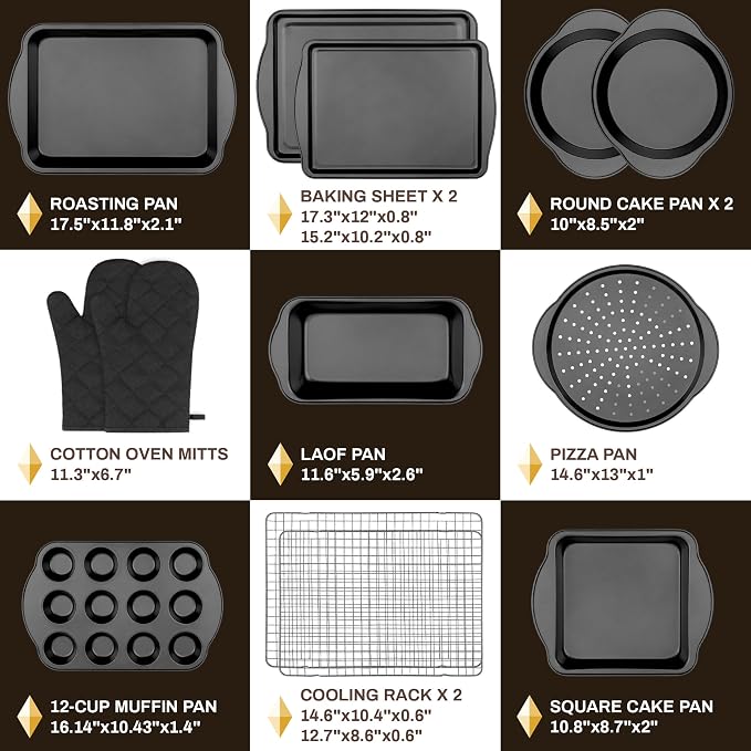 13 PCS Nonstick Bakeware Set - Carbon Steel Baking Pans Set with Dual Handles, Includes Roasting Pan, Pizza Pan, Cookie Sheet, Cake Pans, Muffin Pans, Cooling Rack, Oven Mitts, Non-Toxic