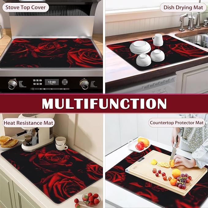 Rose Stove Top Cover for Electric, Abstract Red Rose and Black Leaves Glass Ceramic Stove Cover, Heat Resistant Flat Stovetop Protector, Dish Drying Mats for Kitchen