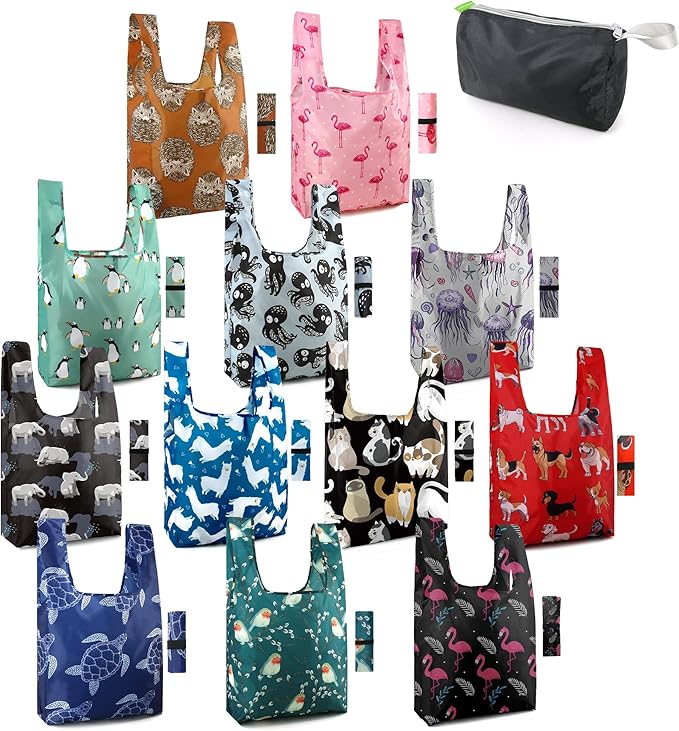 BeeGreen Reusable Grocery Bags Foldable 12 Pack Large Cute Totes - Heavy Duty Washable Holiday Cloth Gifts Bag with Handles, Reusable Gift Bulk Shopping Bags for Groceries for Women Animal Lover