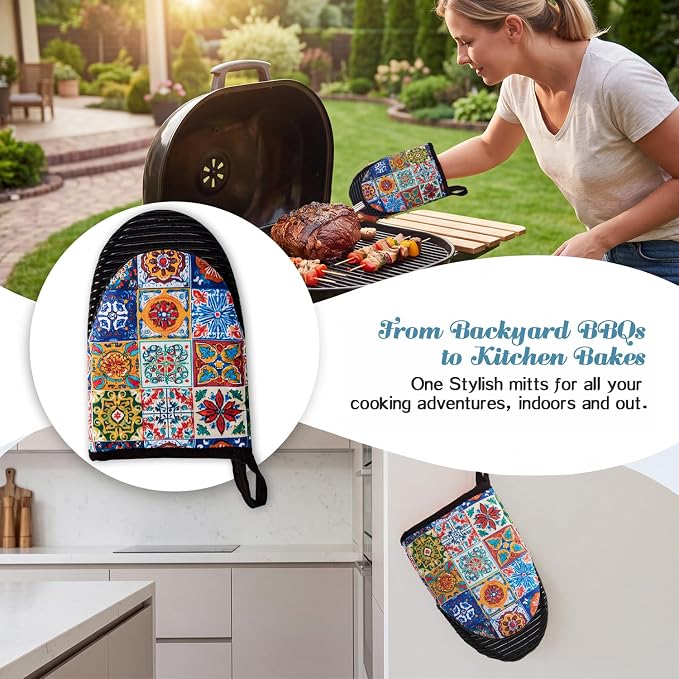 Ribbed Mini Oven Mitts 2-Pack Set, 5.5"x8.5", Boho Printed, Heavy Duty Cotton, Non-Slip Heat Resistant Soft Silicone Oven Mitts with Hanging Loop for Cooking Kitchen Decor