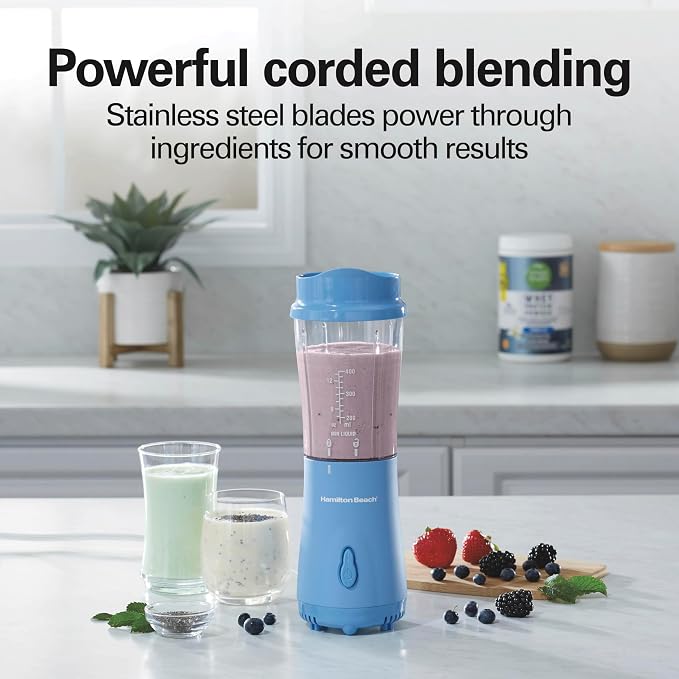 Hamilton Beach Portable Blender for Shakes and Smoothies,14 Oz BPA Free Travel Cup & Lid,Durable Stainless Steel Blades,Personal Smoothie Blender,Tranquil Blue (51172),(Pack of 4)