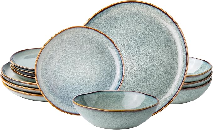 AmorArc Ceramic Dinnerware Sets for 4, 12Pcs Plates and Bowls Sets Dishes | Stoneware Handmade Reactive Glaze Dinner Set, Highly Scratch Resistant | Dishwasher & Microwave Safe Dishware