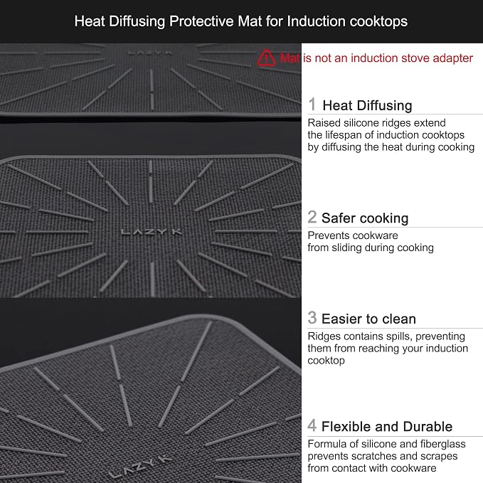 Induction Cooktop Mat - Silicone Fiberglass Scratch Protector - for Magnetic Stove - Non slip Pads to Prevent Pots from Sliding during Cooking - Square (9inches) Black