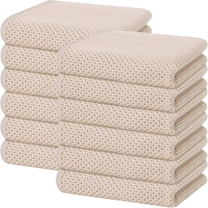 Homaxy 100% Cotton Waffle Weave Kitchen Dish Towels 12-Pack, Beige | 13 x 28 Inches, Ultra Soft Absorbent Dish Towels, Quick Drying Cleaning Towels