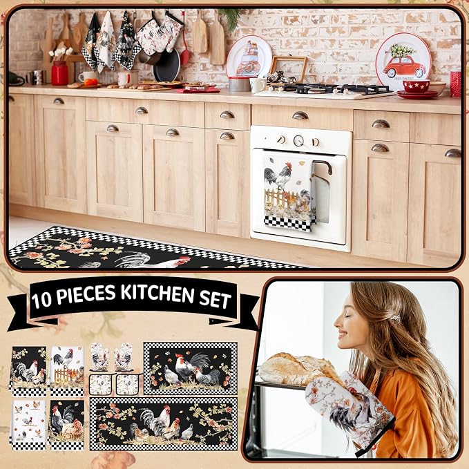 Fourluoo 10 Pcs Rooster Kitchen Dish Towels Rugs Oven Mitts and Pot Holders Set Farmhouse Kitchen Decor Set for Women Mom Daughter Gift Cooking Baking Grilling (Vintage Black White)