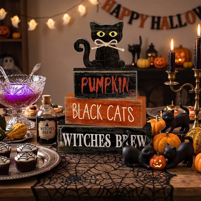 Lineshading 4 Pcs Halloween Black Cat Tiered Tray Decor Wooden Signs | Rustic Farmhouse Tabletop Decoration, Stackable with Halloween Phrases, Seasonal Home Display, Gift-ready Decor Set
