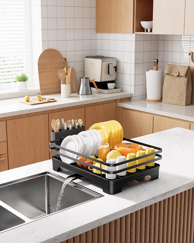 Kitsure Multi-Functional Dish Drying Rack, 15.7" x 12.0" x 5.5", Black | Dish Rack for Kitchen Counter with Cutlery Holder, Rust-Proof Drying Rack Kitchen, Kitchen Sink Organization