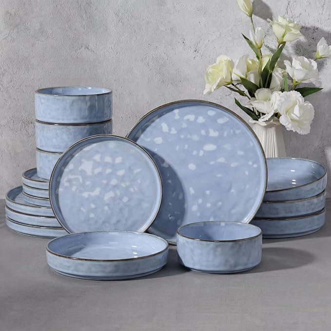 E-far Stoneware Dinnerware Set, 16-Piece Plates and Bowls Sets for 4 | Modern Dishes for Kitchen Dining, Reactive Glazing Ripple Design, Chip Resistant, Microwave & Dishwasher Safe, Reactive Blue