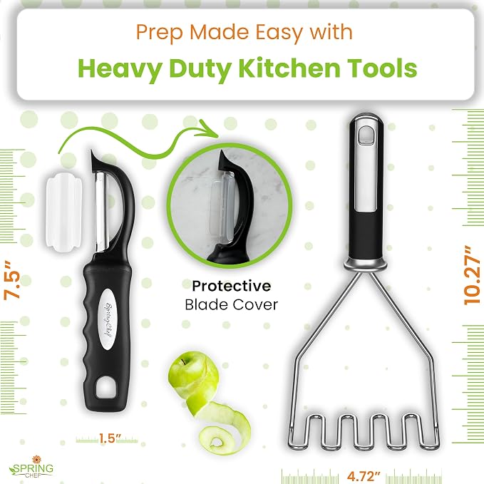 Spring Chef Stainless Steel Potato Masher & Durable Vegetable Peeler Set | Fruit & Food Smasher For Avocado, Banana, Eggs and Durable Potato Peeler with Sharp Blades & Soft Grip for Veggies & Fruits