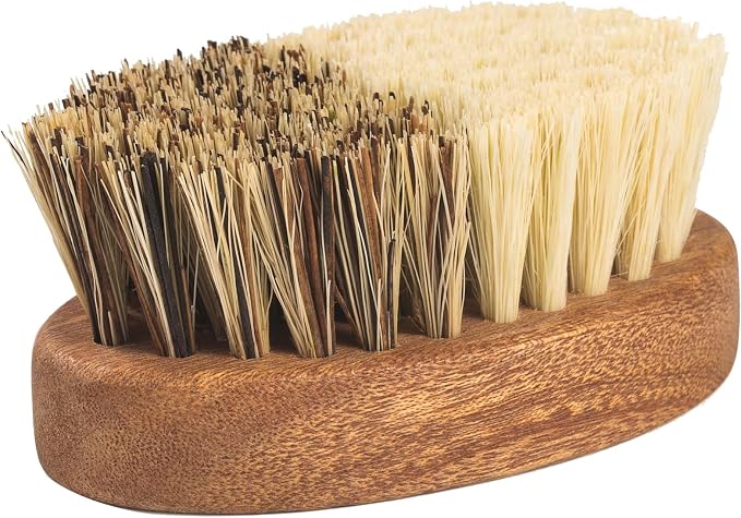 SAMEBUTECO Fruit & Vegetable Cleaning Brush with Acacia Wooden Handle, Dual Bristle Produce Scrubber with Sisal and Palm Fibers, Oval Easy-Grip Design, Single Brush with Box,Brown