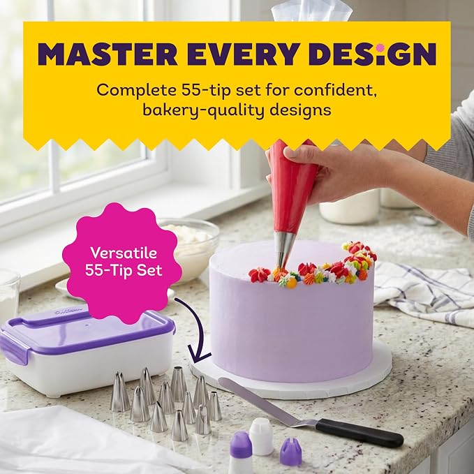 Wilton Master Cake Decorating Piping Tips Set, Cupcake Decorating, 55-Piece | 55-Piece Stainless Steel Tip Set with Storage Case for Piping Rosettes, Stars, Leaves & Borders on Cakes & Cupcakes