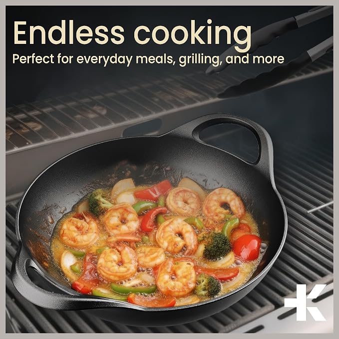Bakken Pre-Seasoned Cast Iron Wok with Wooden Lid, 14" Stir Fry Pan for Gas, Electric, Induction & Open Fir, Heavy-Duty Flat Bottom Wok with Dual Handles for Even Heating & High-Heat Cooking, 8.8 lbs